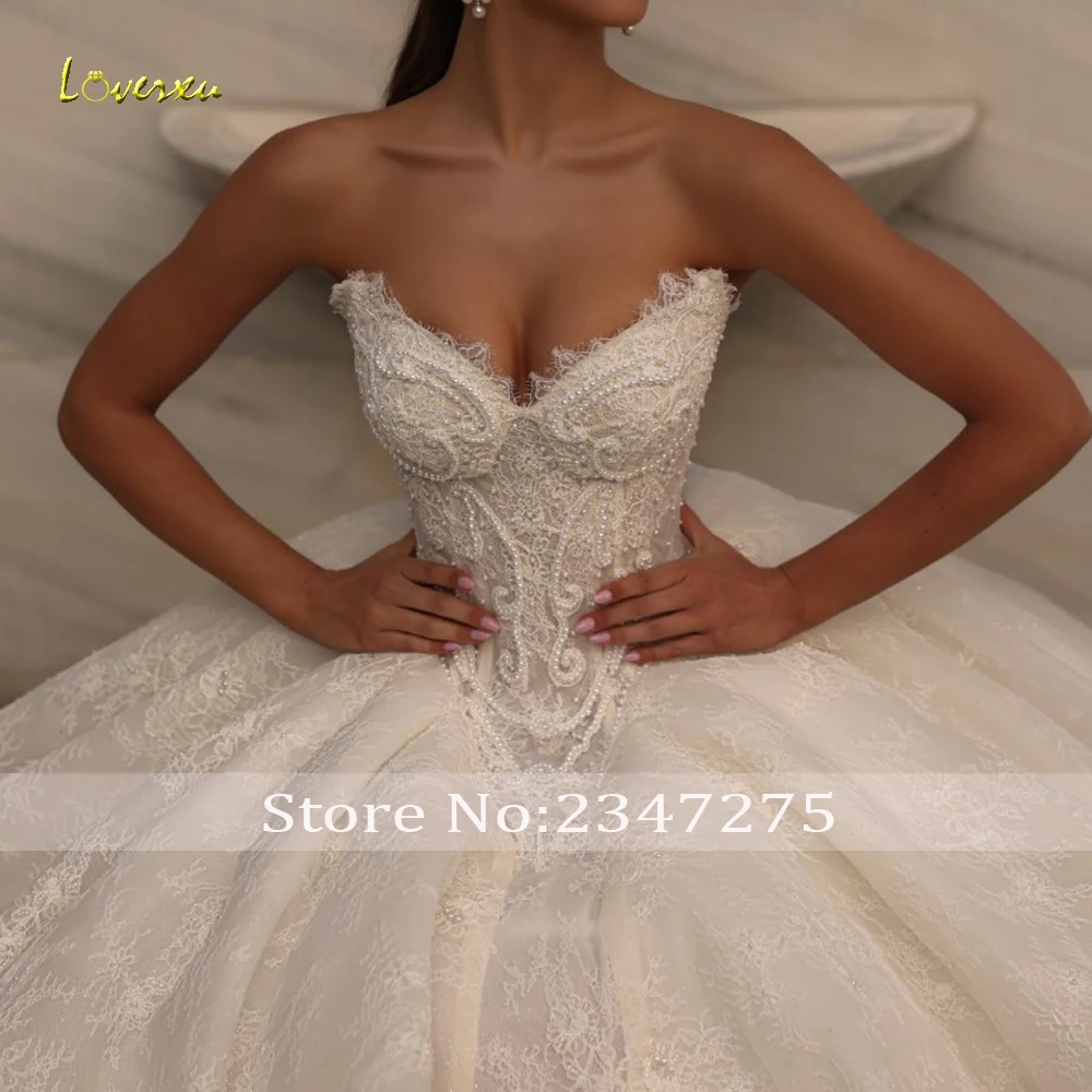 Loverxu A-Line Princess Wedding Dresses Strapless Pearls Vestido De Novia Lace Embroidery Glamorous Custom Made Bridal Gown