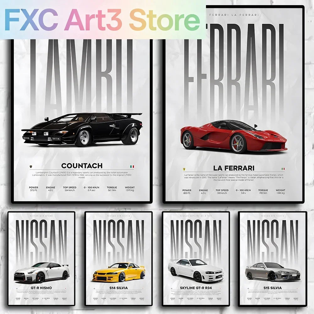 Frameless,Famous Cars S14 F430 SF90 GTS AMG GT R34 F40 Poster Picture Canvas Painting Wall Art Home Decoration Print for Living