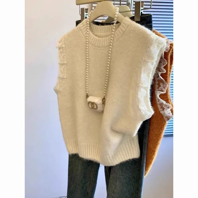 Women Sweater Vest Retro Patchwork Lace Knitted Solid Loose Sleeveless Vest High-quality Korean Soft Keep Warm Sweater Pullover
