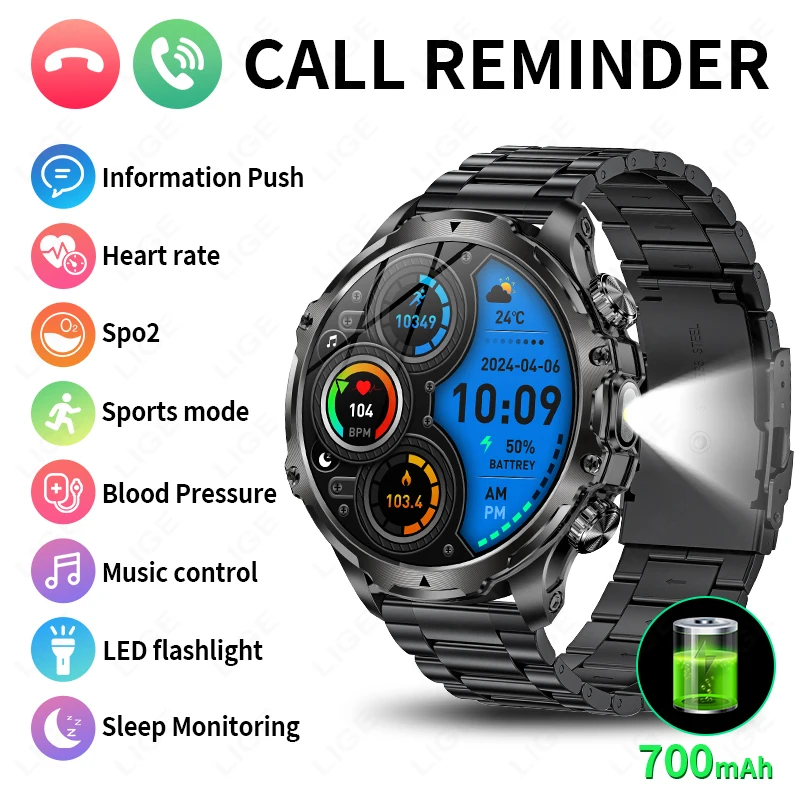 

LIGE Men Outdoors Sports Smart Watch AK75 Flashlight 700mah Large Battery Bluetooth Calling LED Light Fitness Tracker Smartwatch