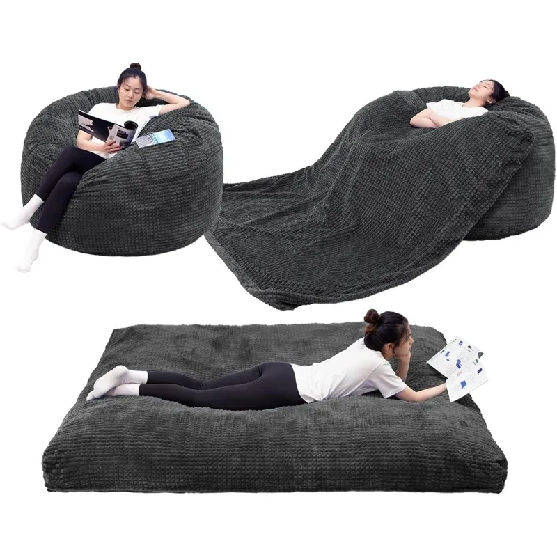 Bean Bag Chair/Bed Transformable Giant with Washable Plush Velvet (Grey, Full),50