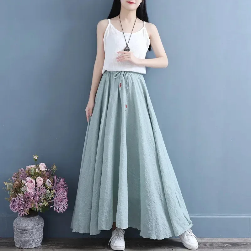 2025 Faldas largas para mujer Maxi 2024 verano Lino algodón cintura elástica plisada Vintage playa Boho Chic falda Faldas Saia 1254