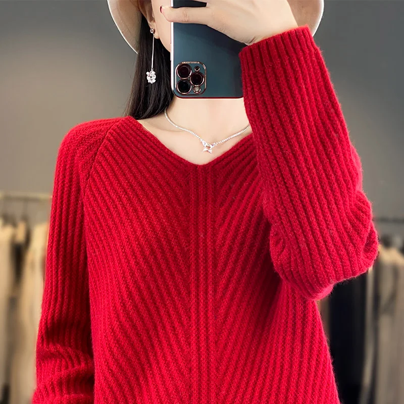 2023 Autumn Winter New Cashmere Sweater Women\'s V-Neck Pullover 100% Merino Wool Knitted Tops Fashion Korean Fit Underlay Luxury