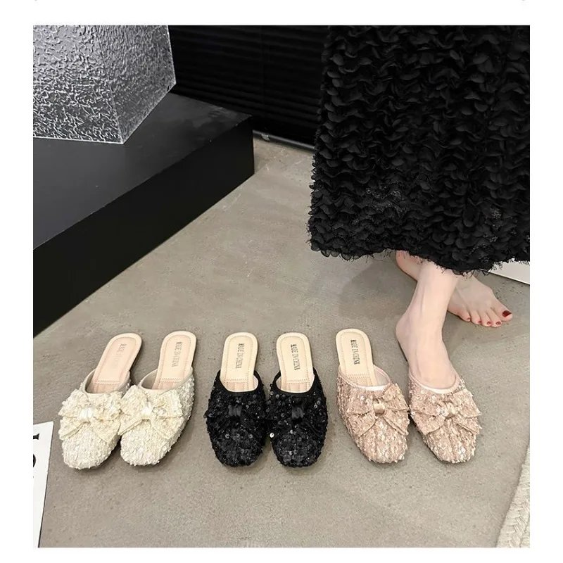 

Summer Commuting Sequins Women's Luxurious Silk Bow Cool Slippers with Comfortable Flat Bottom Slippers and A Casual Toe Cover