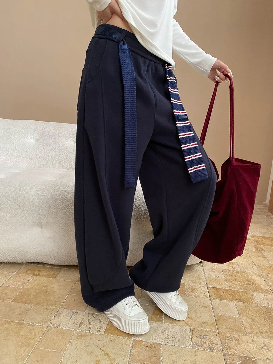 Women Strap Design,Stand Cut Splicing Design,Loose and Wide Leg Curved Knife with Plush Casual Pants Fashionable Korean Trousers