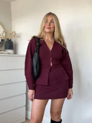 HH Women Autumn 2 Piece Set Solid V-Neck Long Sleeves Covered Button Cardigan Top+Fashion High Waist Knitted Mini Skirts