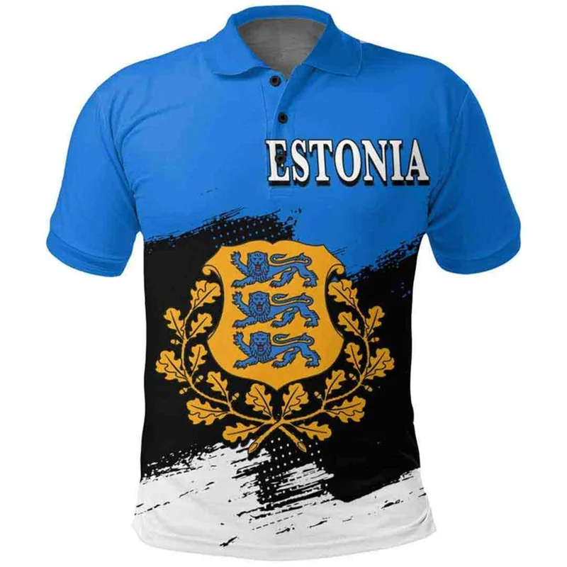 Estonia Flag Polo Shirt For Men 3d Print National Emblem T-shirt Tops Summer Casual Street Lapel Short Sleeve Loose Shirts