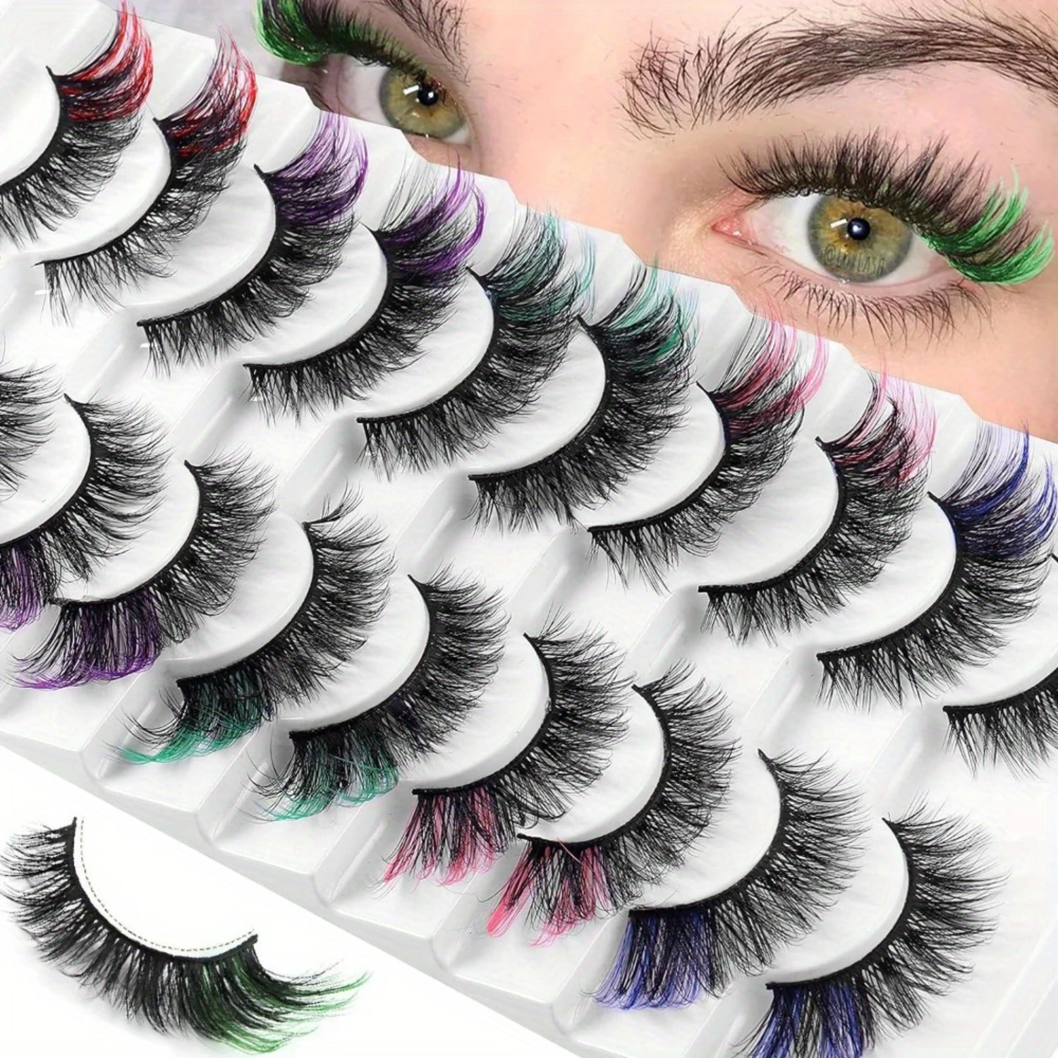 

Colorful Faux Mink Eyelashes 10 Pairs, Mixed Wispy Dramatic Fluffy False Lashes, D Curl Cat Eye Extension Strips, Russian Lash
