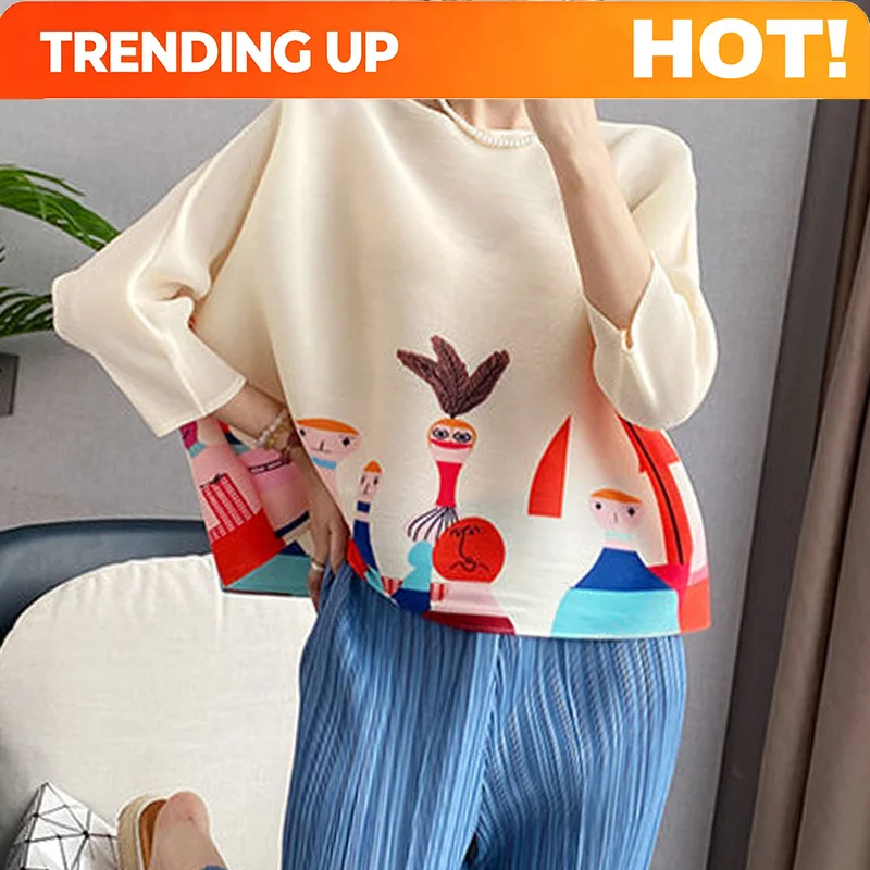 Customization Summer New Round Neck Three Quarter T-Shirts Women High Street Casual Loose Y2K Printing Pullovers Elegant Pleated