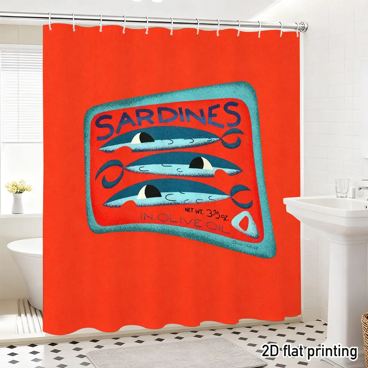Sardines Can Label Shower Curtain – Vintage Tin Design with Blue Fish, Red Background, 2D Flat Print, Polyester, 70.8