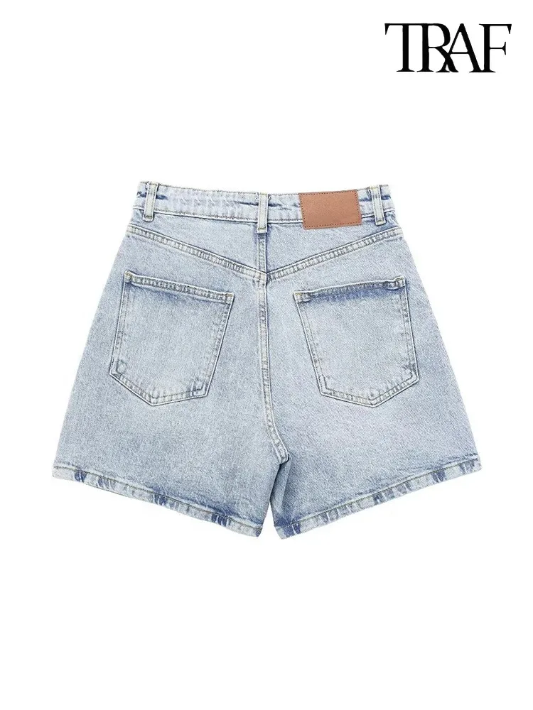 TRAF Women\'s Blue High Waist Denim Shorts Button Closure Jeans Summer Casual Comfortable Shorts Fashion Vintage Women\'s Pants