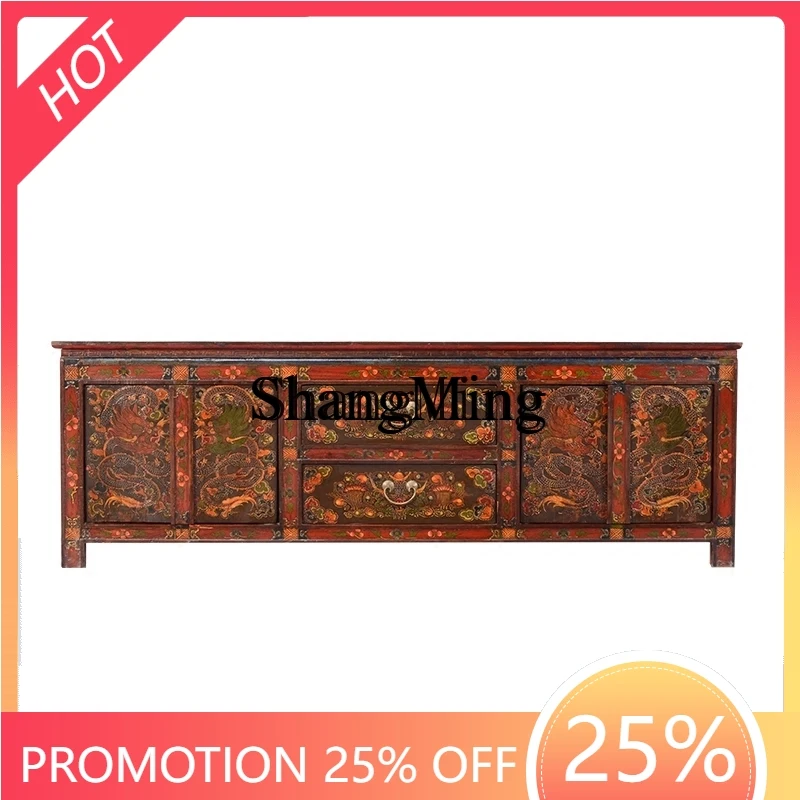 

SM new TV cabinet Chinese antique painted retro old storage solid wood living room decorative low cabinet