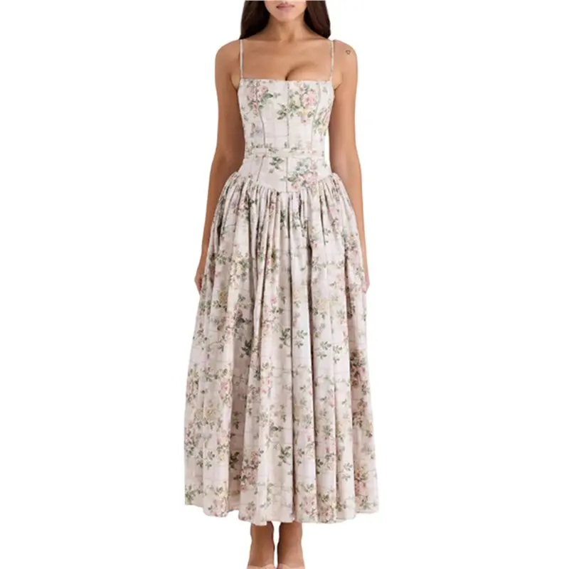 

ABRT-платье-макси с цветочным принтом и корсетом, струящееся, А-силуэта, на шнуровке, для гостей на свадьбу, сарафан с карманами, розовое, размер S