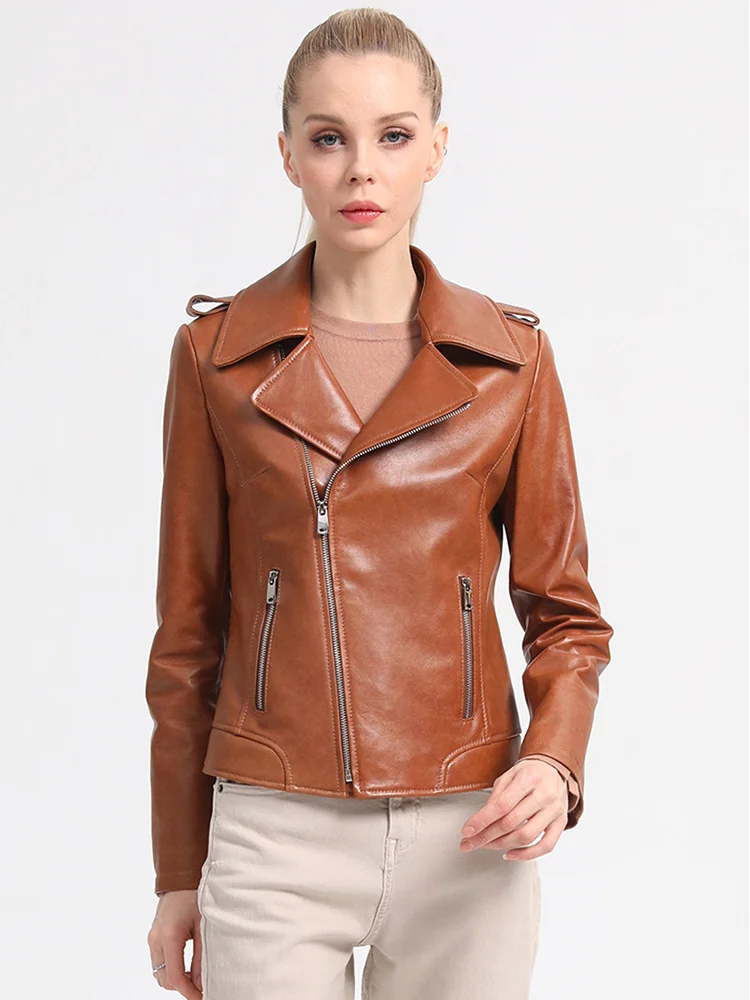 Women Short Sheepskin New Coat Spring Autumn Fashion Soft Turn-down Collar Long Sleeve Genuine Leather Jacket Slim Outerwear