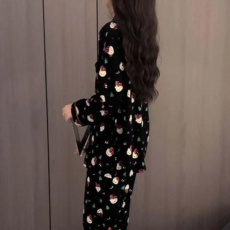 Hello Kittys – ensemble pyjama imprimé pour femmes, printemps-automne, dessin animé, manches longues, pantalon, vêtements de nuit décontractés, tenue de maison