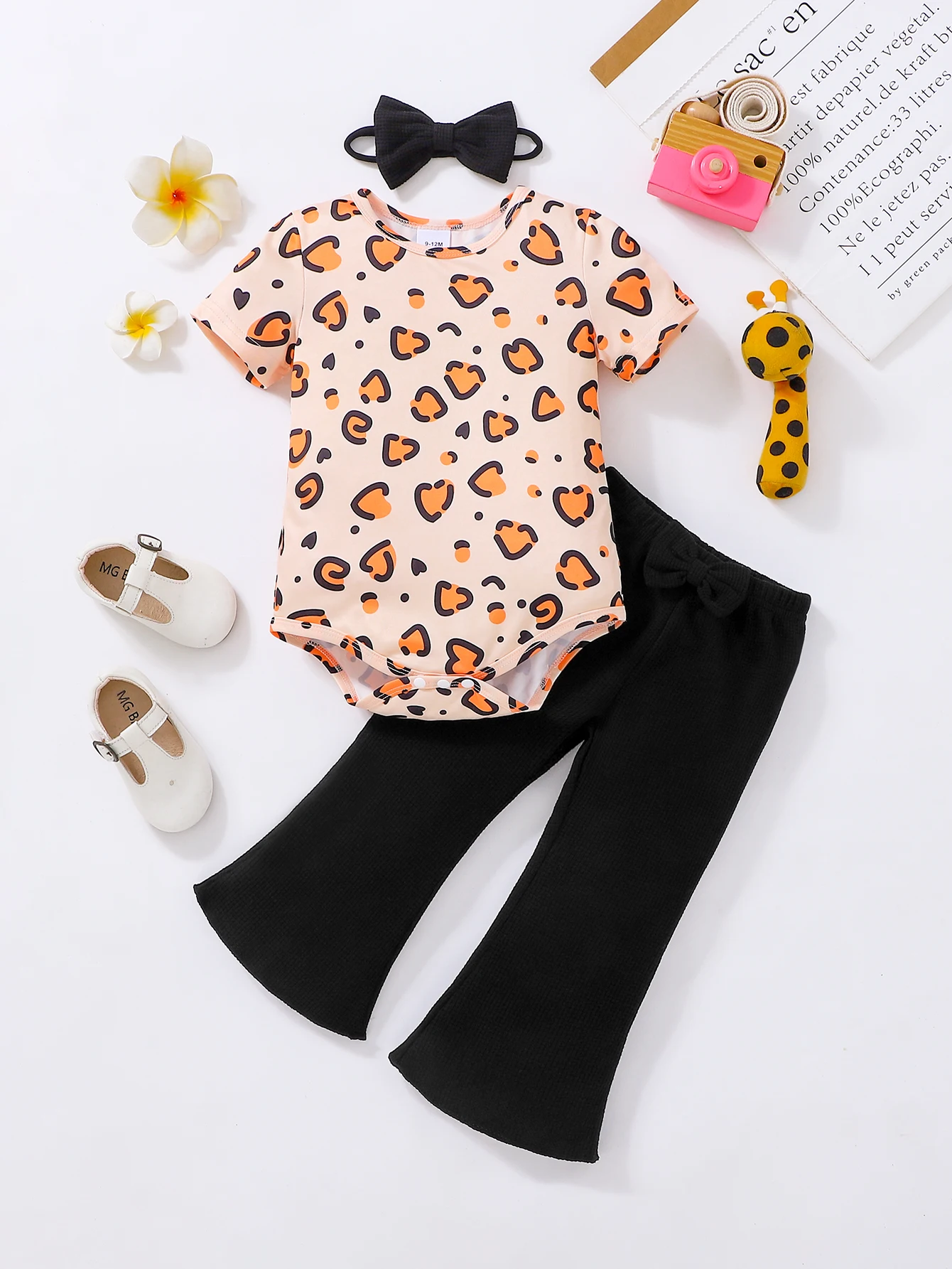 Summer Baby Girl Heart Leopard Print Romper Set with Short Sleeve Bottom Cover + Flared Pants + Hair Accessory Three-Piece Set