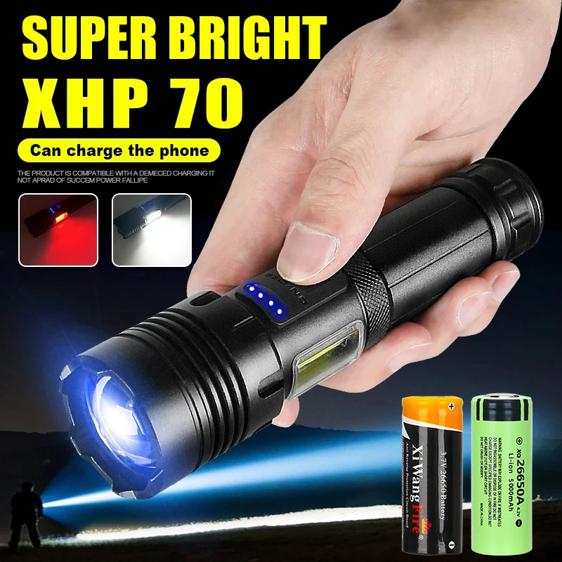 

Ultra Powerful XHP70 Led Flashlight Built in 26650 Battery Tactical Zoom USB Rechargeable 10000LM Camping Hunting Emergency Lamp