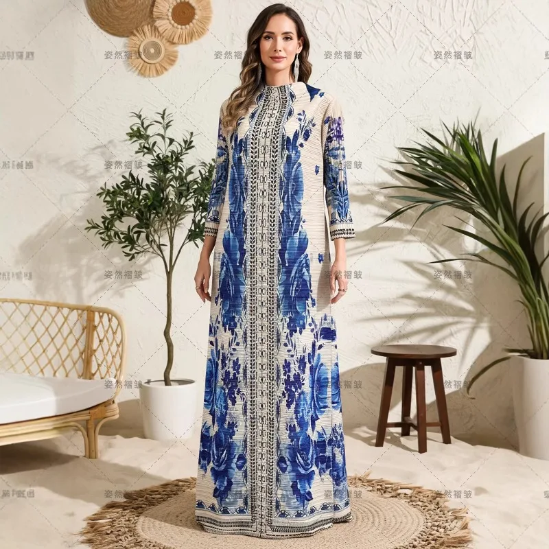 

Плиссированные платья Miyake: Новинка Весна 2026, плиссировка из органзы, свободный крой, большие размеры, длинное платье-абайя с принтом цвета селадон, женские плиссированные платья