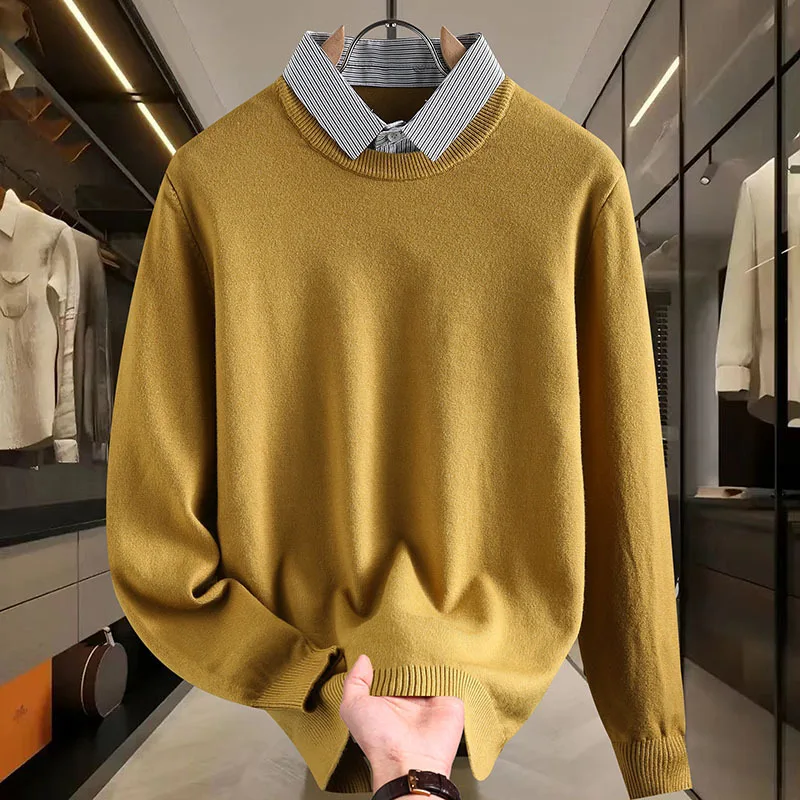 

New Fake Two-piece Sweater for Men 2025 Warm Autumn Winter Base Shirt Thread