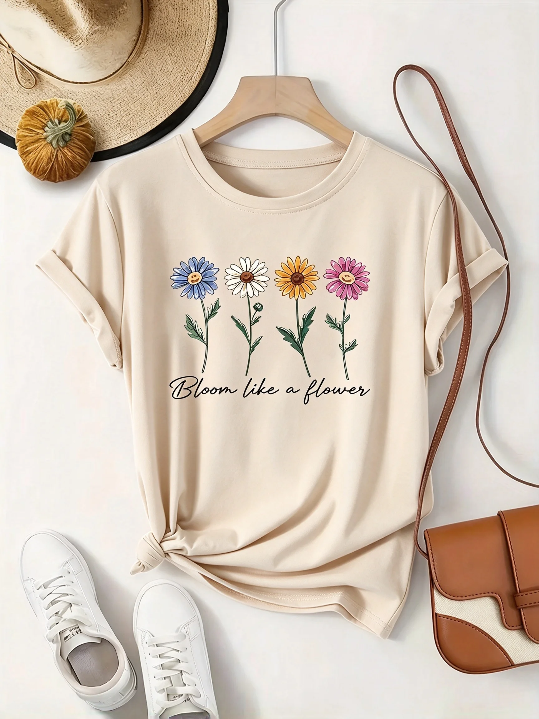 Women's Casual Short Sleeve T-Shirt - Retro Floral Letter Print Cute Playful Graphic Print Loose Soft Casual Daily Fashion Tops