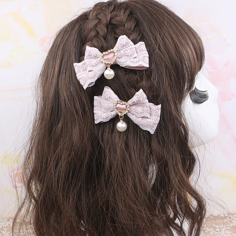 Kawaii Lolita Barrettes Jirai Ke Headdress Two Pieces Sweet Cute Japanese Lace Bow Hairpin Side Clip Akcesoria do włosów dla kobiet