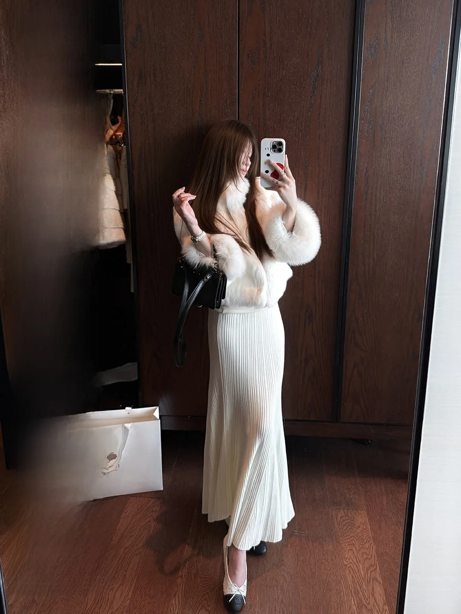 

NAOAO Little Mermaid Half Skirt Knitted Slim Fit Fish Tail Wrap around Long Skirt Peach Color High Waist Princess Style Autum...