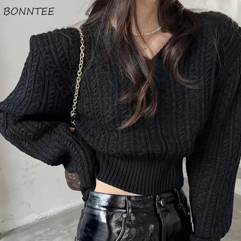 

V-neck Pullovers Women Tops Vintage Short Loose Slouchy Twist Knitted Long Sleeve Autumn Winter Female Chic All-match Korean New