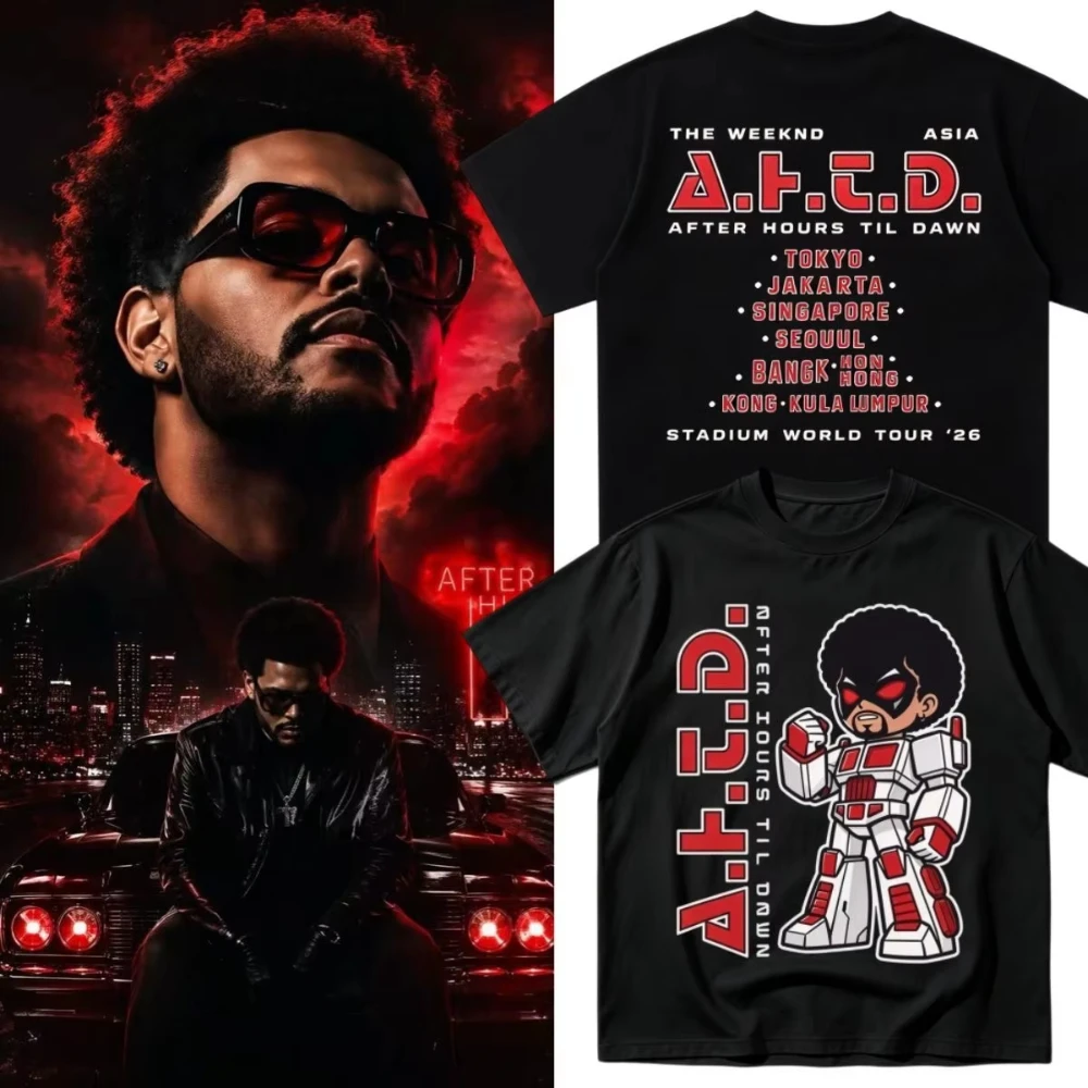 2026 Summer The Weeknd After Hours Til Dawn Asia Tour Hot Front Back Print Black T-Shirt Unisex Oversized R&B Cotton Tee