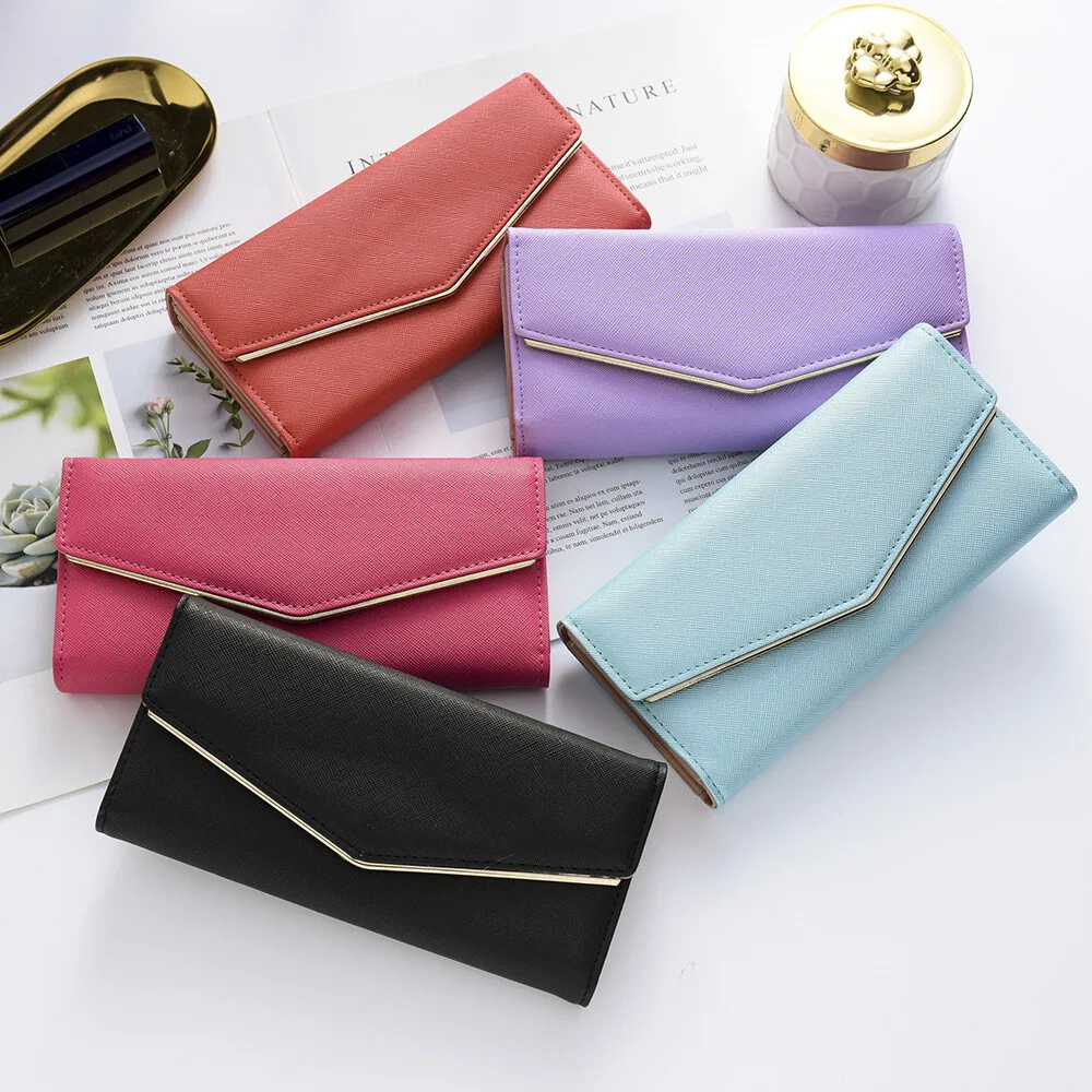 

Women Envelope Style Tri-fold Wallet Solid Color Credit Card Holder Coin Money Purse Phone Handbag