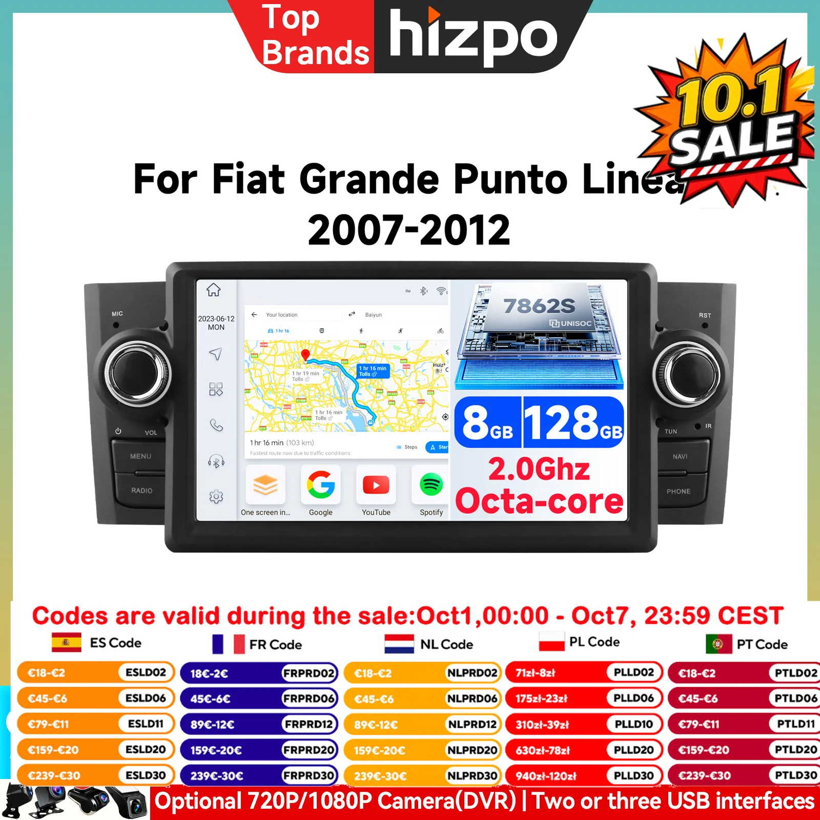 Hizpo Autoradio Android con Schermo AI da 7'' per Fiat Punto Linea 2007-2012, Carplay Wireless, Android Auto, GPS, Stereo, Bluetooth, Wifi, RDS