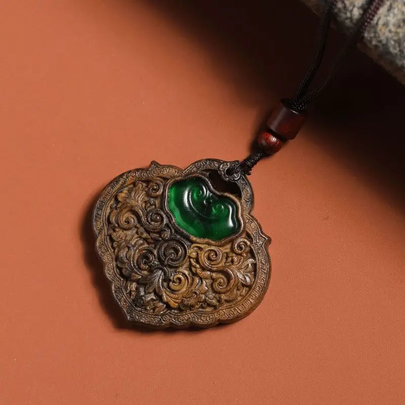 Natural agarwood inlaid with a Ruyi amulet for peace and fortune, auspicious cultural pendant, hand-carved neck hanging ornament