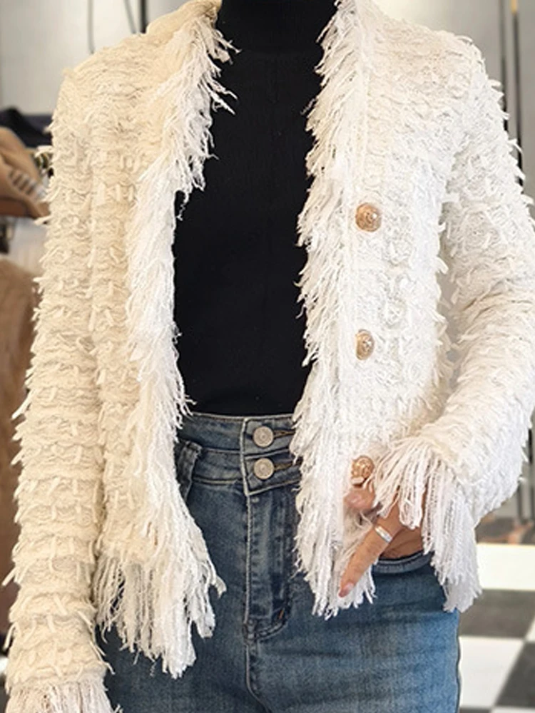 

Autumn Winter Elegant Solid Color Cardigan Coat 2025 Women Fashion V-neck Tassel Short Jacket Casual Long Sleeve Plush Outercoat