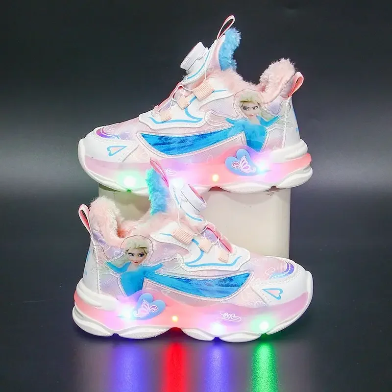 Disney girls sports shoes fall new revolving button children led light shoe elsa princess shoes mesh running casual shoes