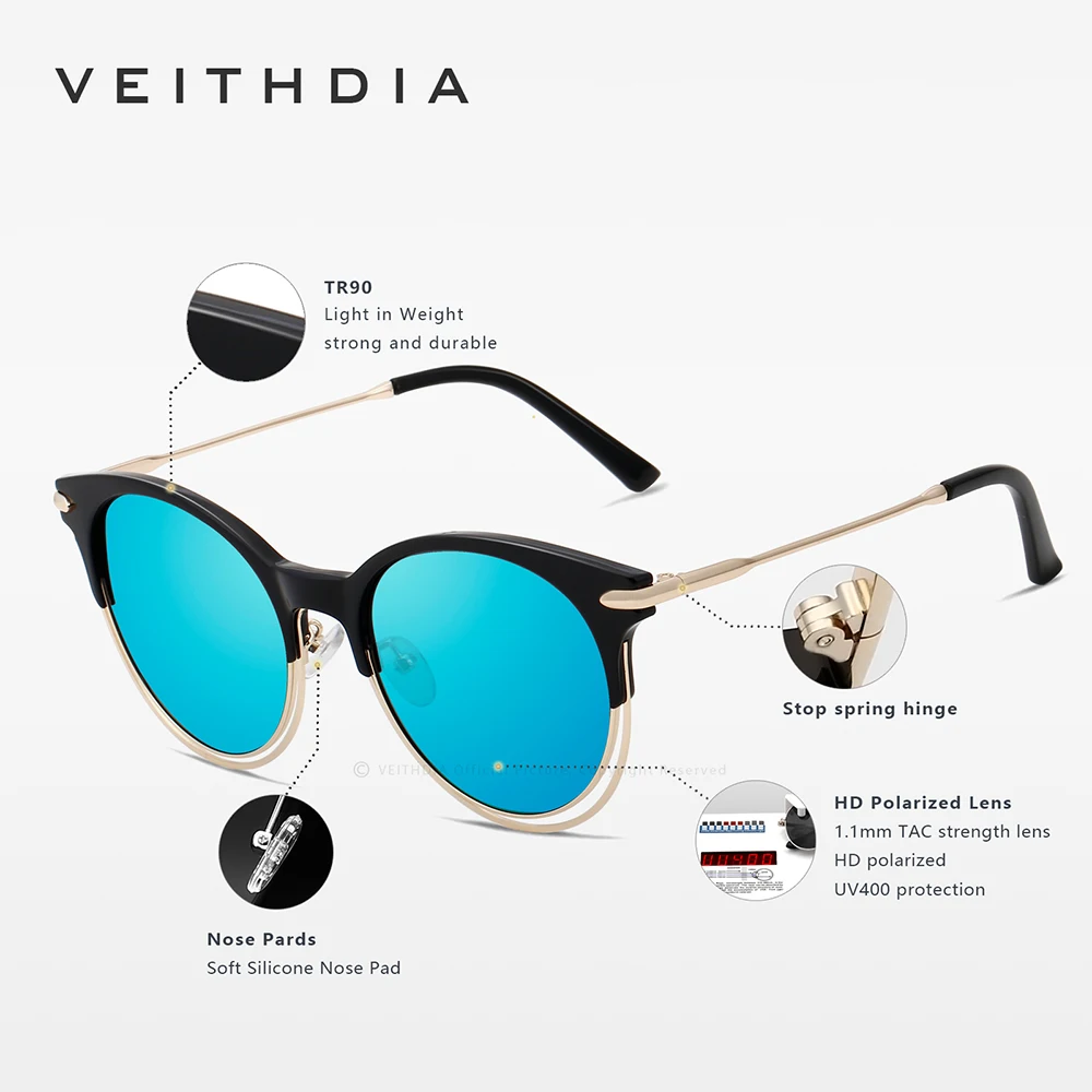 VEITHDIA Brand Alloy+TR90 Women\'s Polarized UV400 Lens Mirror Sun Glasses Eyewear Vintage Outdoor Sunglasses For Female V3029