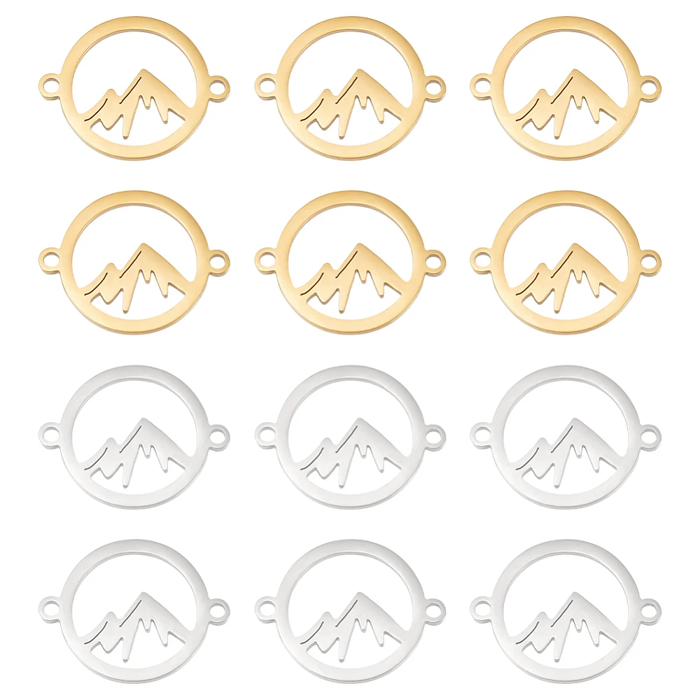 

1box 12pcs 2 colors Ring with Mountain Connector Stainless Steel Links Charm Hollow Flat Round Connector for 1.4mm Hole