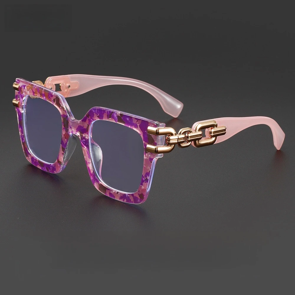 

Metal Chain Frame Oversized Square Reading Glasses for Women Trendy Pink Purple Printed Anti Blue Light Glasses for Computer
