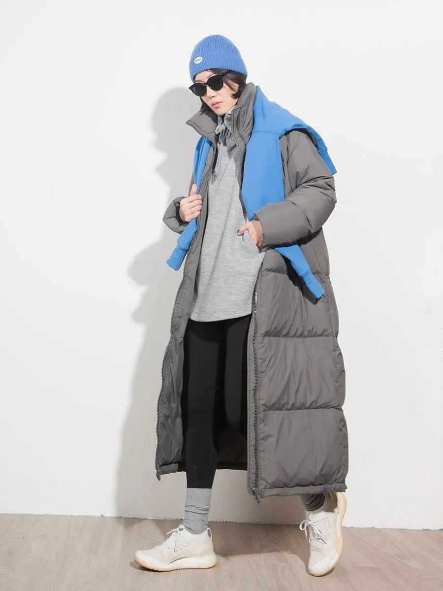 

Длинное пуховое женское зимнее теплое матовое свободное стеганое пальто с воротником на молнии 90, белое стеганое пальто Du down, женское модное