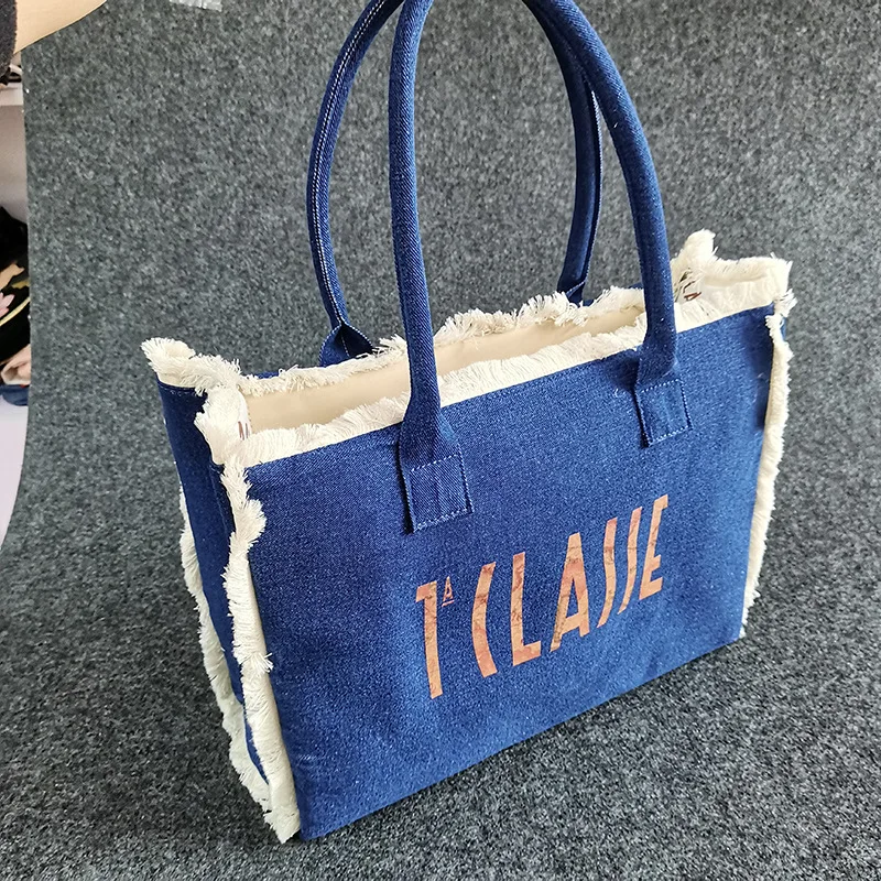 

Retro cotton denim brushed handbag with large capacity, casual college style single shoulder bag, crossbody bag, shopping bag