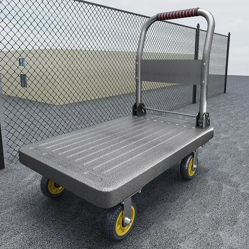 Household Goods Thickened Silent Steel Plate Truck  Trolley Four-wheel Pulling Trolley Household Flatbed Truck Small Trailer
