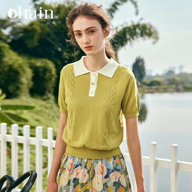 OLrain Damen Pullover Sommer 2026 Französischer Stil Polokragen Strickpullover Lässiger Patchwork Puffärmel Damen-Jumper O23XZ69061