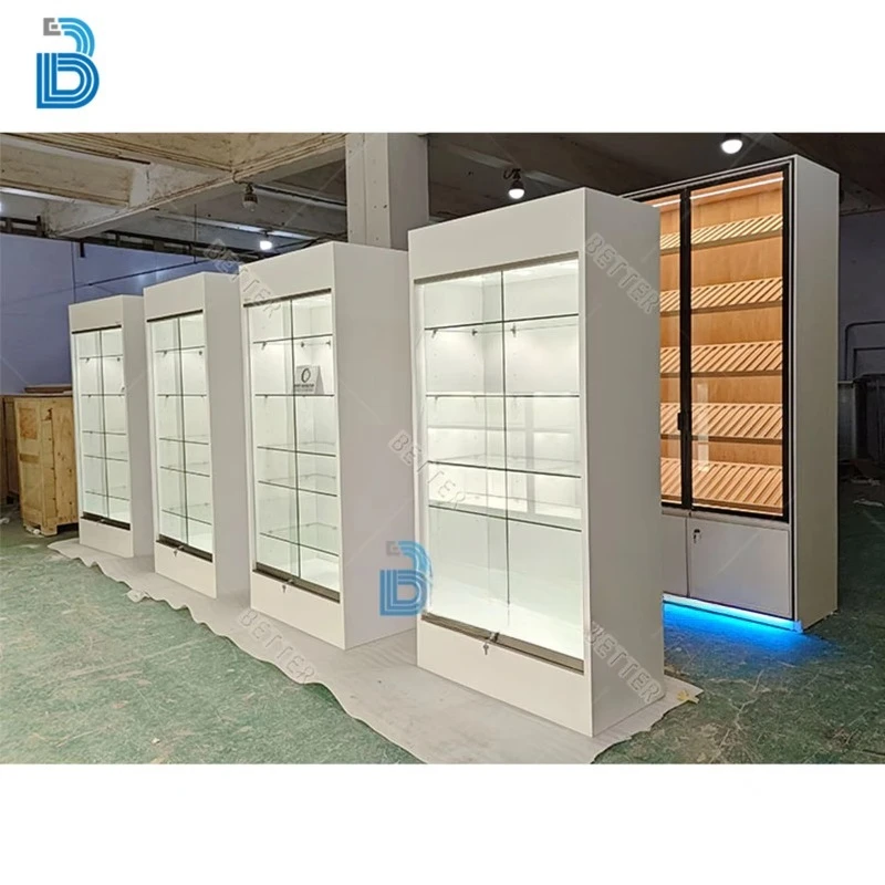 

Retail Store Design Fixtures Cigar Display Glass Display Cabinet White Cigarette Display Cases Cigar Showcase