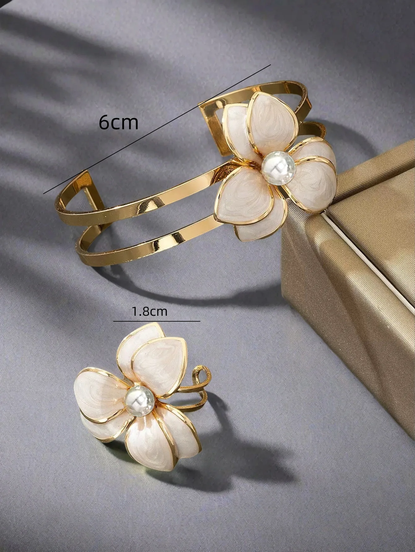 

Elegant French Style Flower Faux Pearl Bracelet & Ring Set, Open Adjustable Jewelry