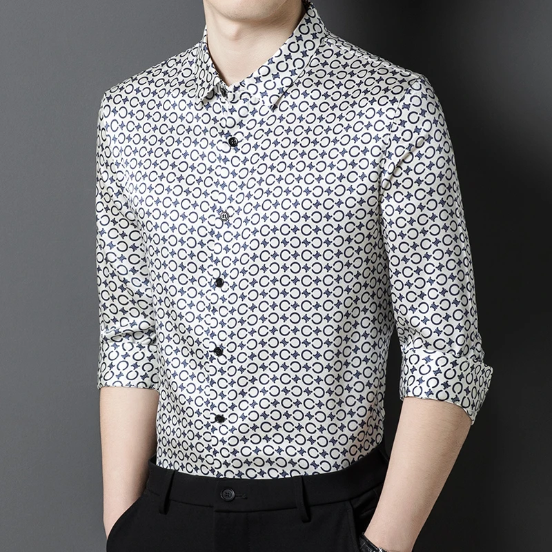 Real Silk Print Shirts For Men Business Casual Luxury Long Sleeve Spring High Quality Smooth Comfortable All Match Chemise Homme