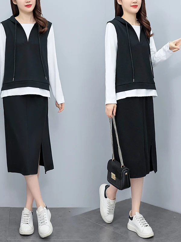 

Весенний комплект 2025: Модный свободный худи-свитшот и юбка больших размеров – удобный костюм-двойка