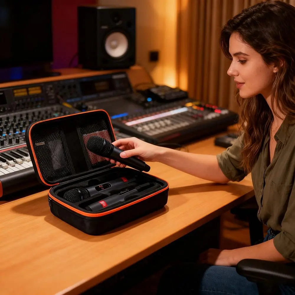 Professional Hard Shell Microphone Case Handheld Shockproof Carrying Case Dual Capacity Mic Travel Bag for JBL Singing Karaoke view 5