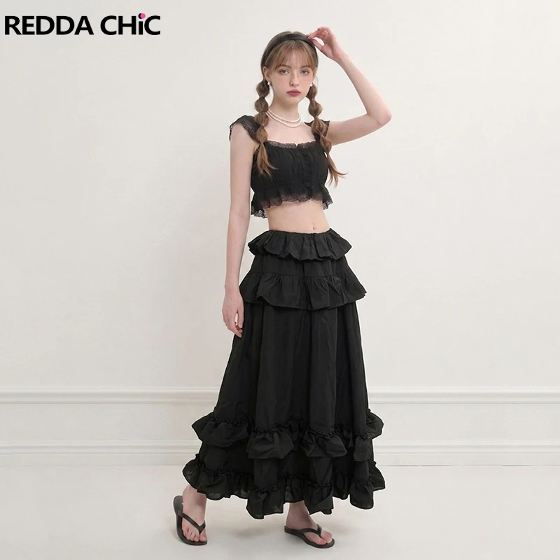 REDDACHiC Ruffled Camisole Skirt Women Matching Set Beach Low Waist Maxi Skirt Fly Sleeve Laced Crop Top Holiday Summer Clothes