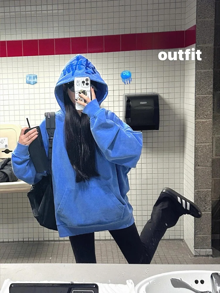 

Синяя женская утепленная толстовка с капюшоном и вышивкой, оверсайз, в уличном стиле, осенне-зимняя, на флисовой подкладке, пальто в стиле High Street