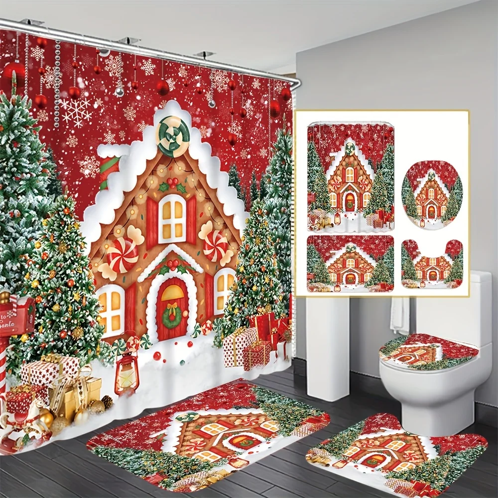 4Pcs Xmas Cottage Bath Set,Printed Shower Curtain,Non-Slip Mat, Toilet Cover,Bath Rug,12 Hooks, Bathroom Accessories, Home Decor