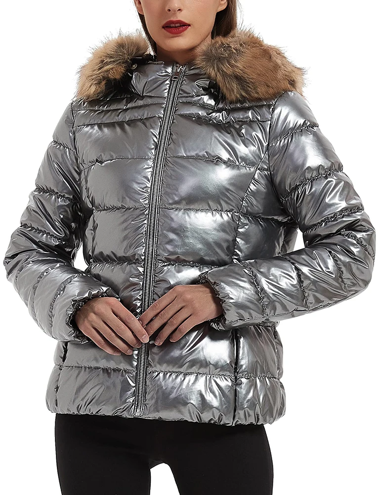 Giolshon Women Quilted Lightweight Puffer Coat Warm Fur Collar Hooded Jacket Female Shiny Patent Parkas Down Coats Outerwear