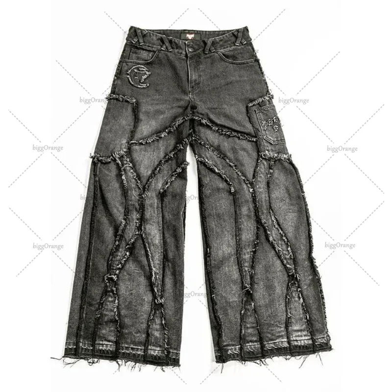 Y2k Streetwear Punk Relaxed Wash Jeans Ripped Rap Style West Coast Workwear US Plus Size Clothing Men's Drag Pants